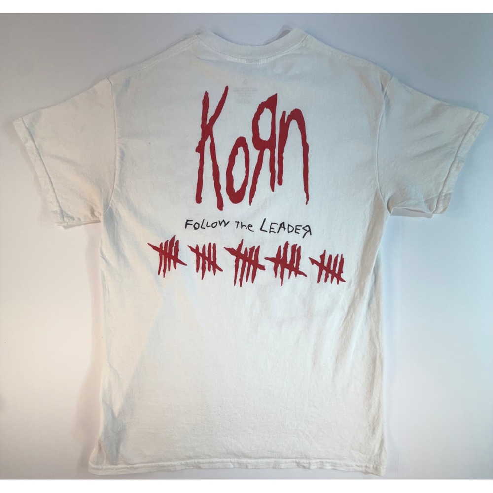Korn Follow the Leader Graphic T-Shirt White Red Mens Medium Nu Metal Band Tee